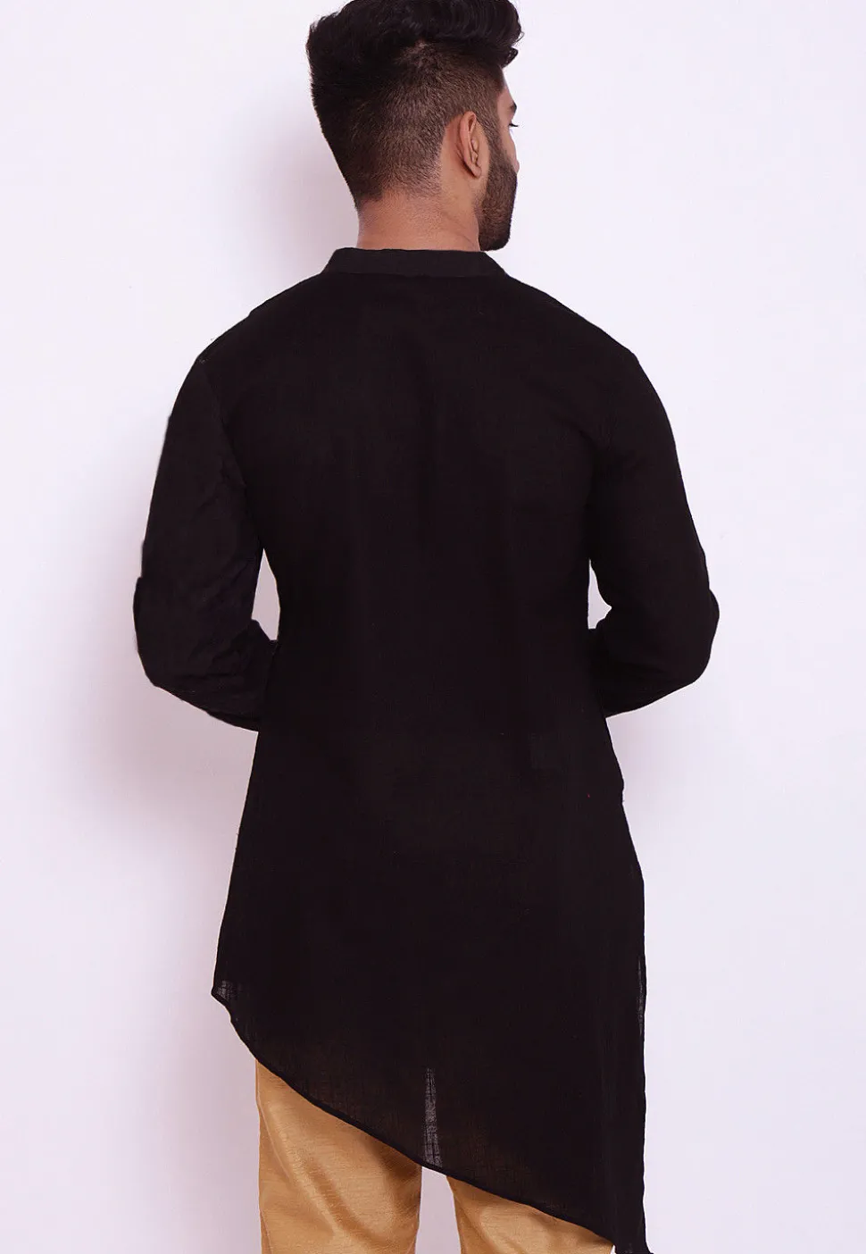Solid Color Cotton Slub Asymmetric Kurta in Black