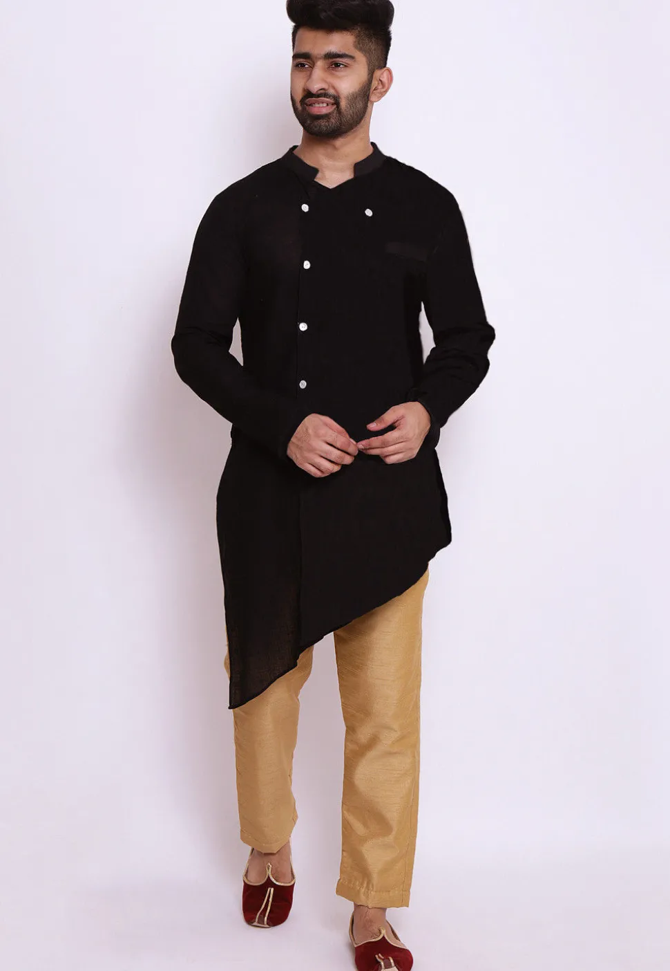 Solid Color Cotton Slub Asymmetric Kurta in Black
