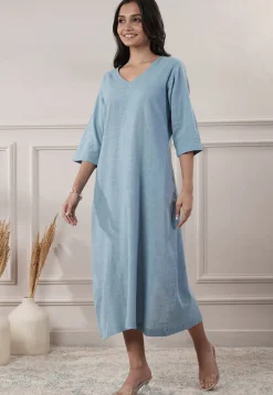 Solid Color Cotton Slub A Line Dress in Light Blue