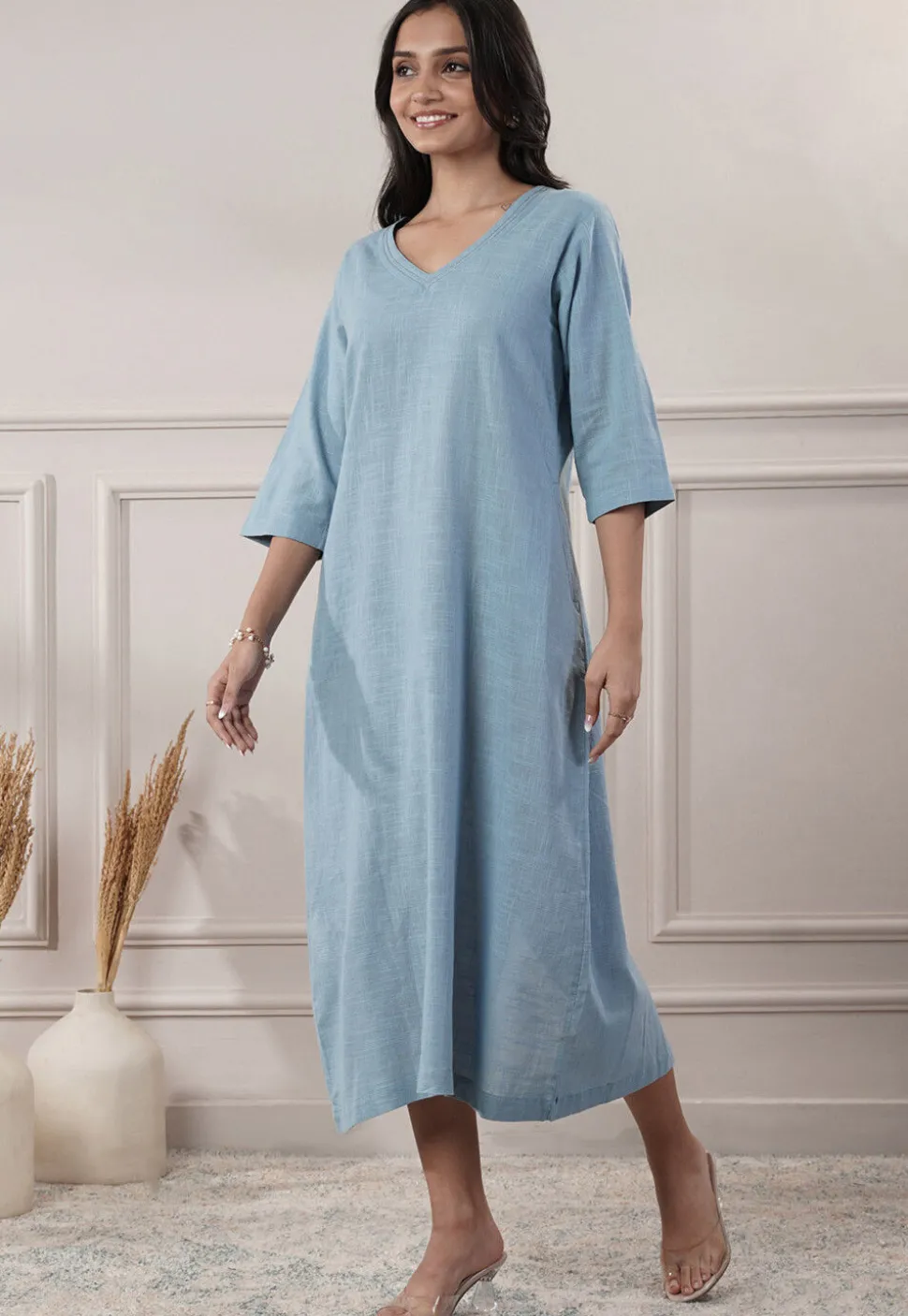 Solid Color Cotton Slub A Line Dress in Light Blue