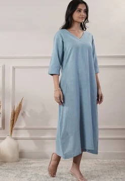 Solid Color Cotton Slub A Line Dress in Light Blue