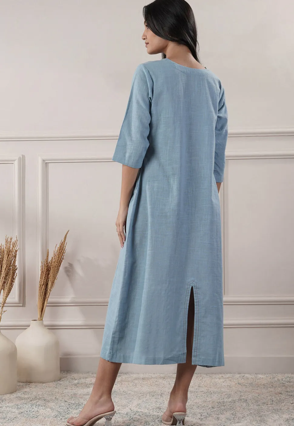 Solid Color Cotton Slub A Line Dress in Light Blue