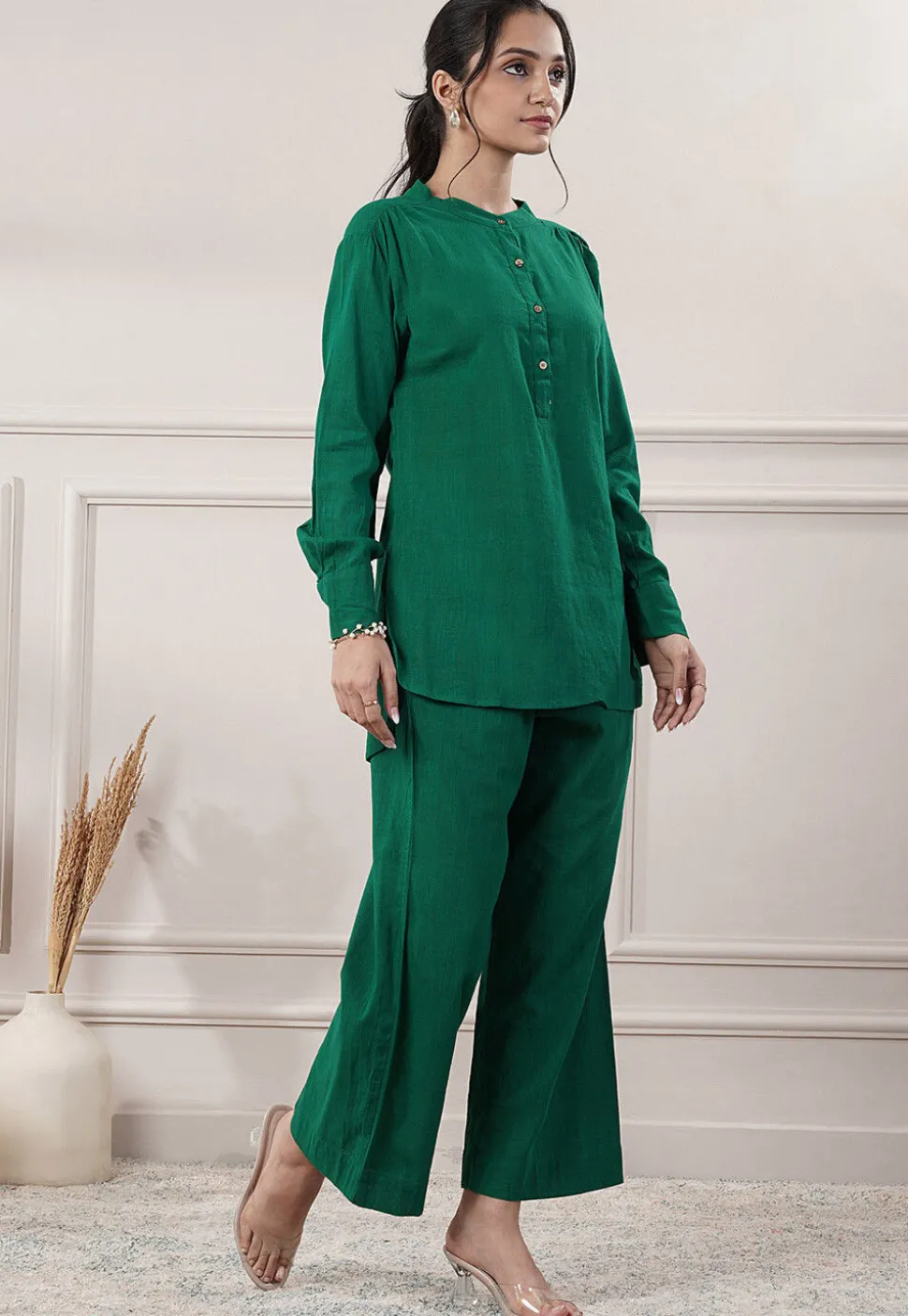 Solid Color Cotton Slub Co-Ord Set in Green