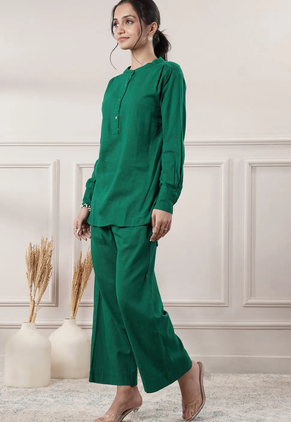 Solid Color Cotton Slub Co-Ord Set in Green