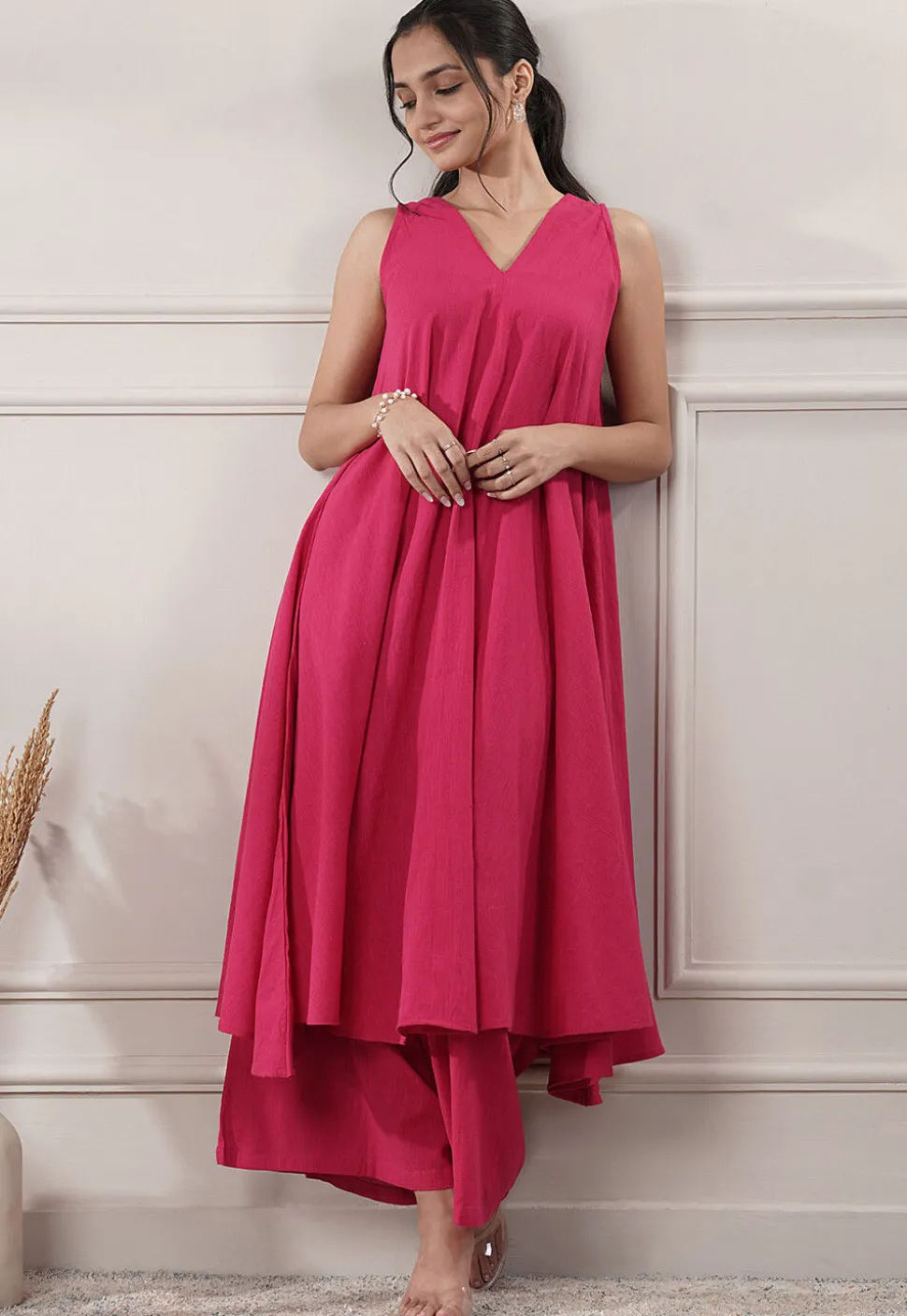 Solid Color Cotton Slub Co-Ord Set in Fuchsia