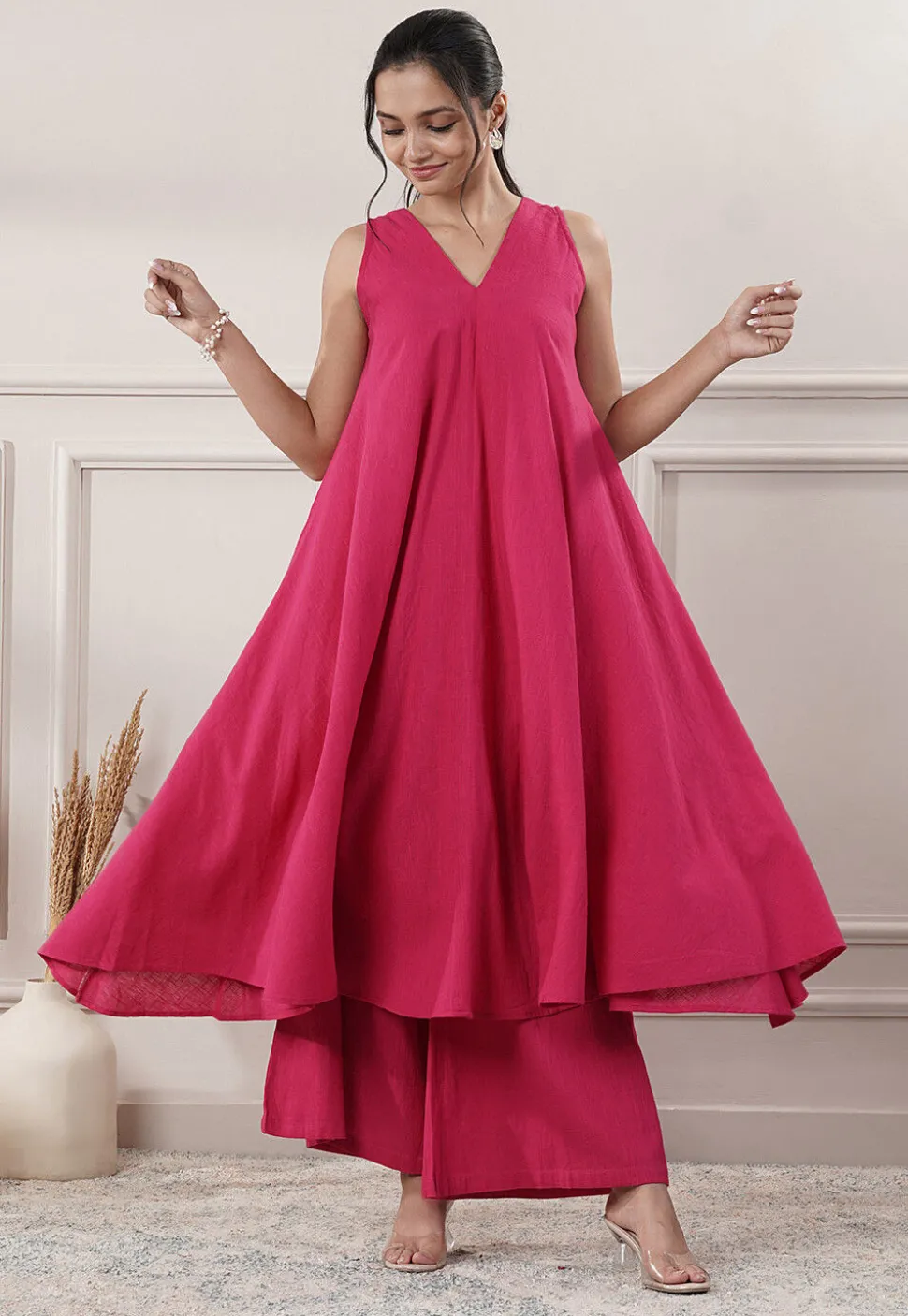 Solid Color Cotton Slub Co-Ord Set in Fuchsia