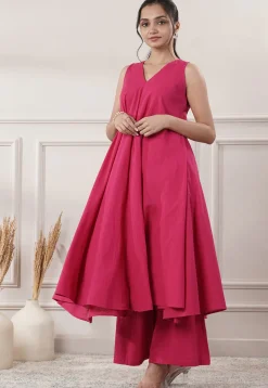 Solid Color Cotton Slub Co-Ord Set in Fuchsia