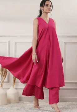 Solid Color Cotton Slub Co-Ord Set in Fuchsia