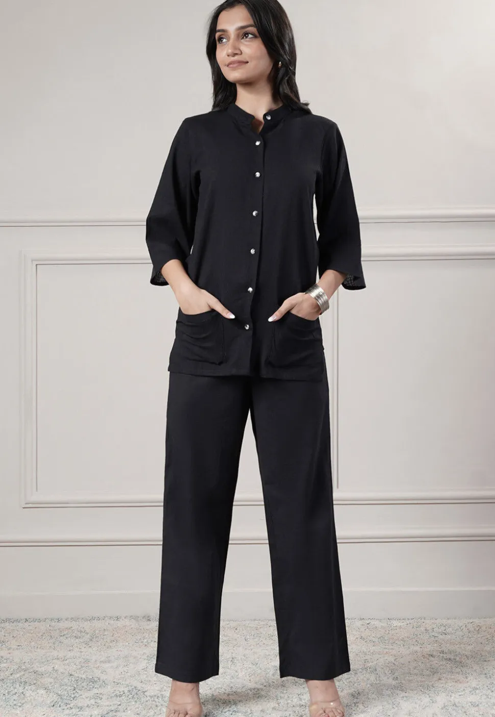 Solid Color Cotton Slub Co-Ord Set in Black