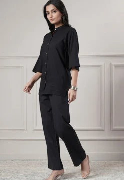 Solid Color Cotton Slub Co-Ord Set in Black