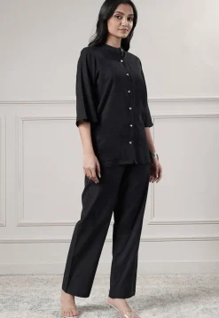 Solid Color Cotton Slub Co-Ord Set in Black