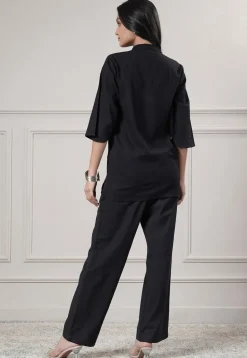 Solid Color Cotton Slub Co-Ord Set in Black