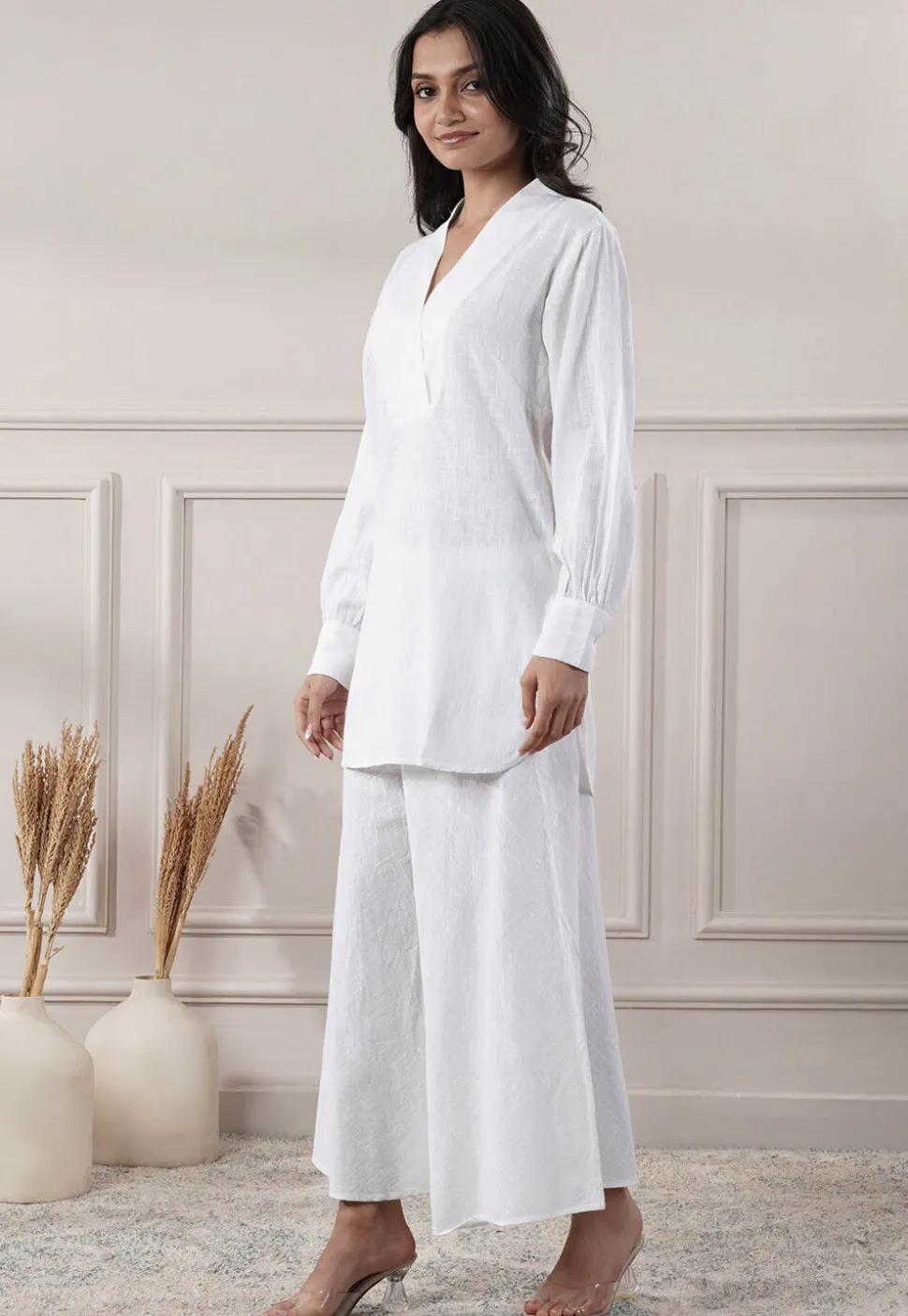 Solid Color Cotton Slub Co-Ord Set in Off White