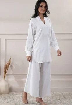 Solid Color Cotton Slub Co-Ord Set in Off White