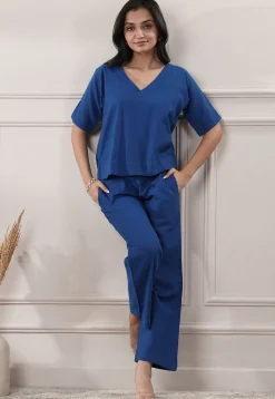 Solid Color Cotton Slub Co-Ord Set in Blue