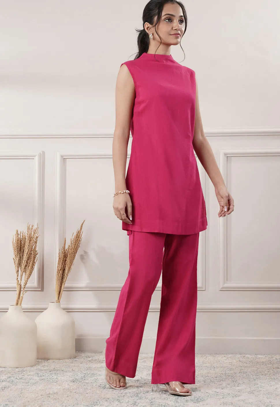 Solid Color Cotton Slub Co-Ord Set in Fuchsia