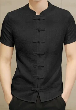 Solid Color Cotton Slub Front Open Shirt in Black