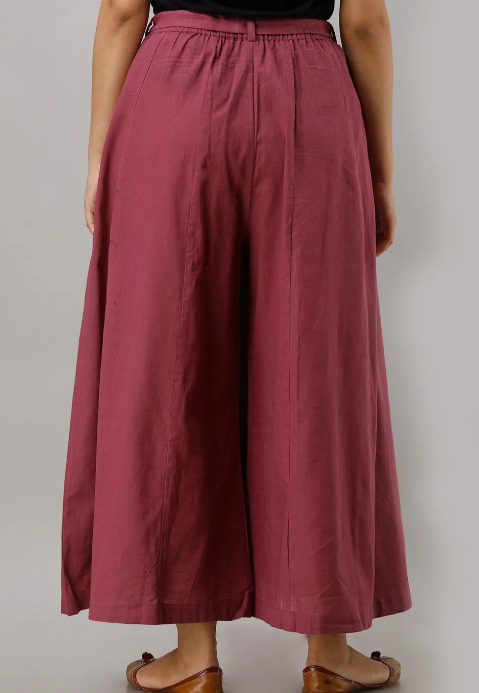 Solid Color Cotton Slub Flared Palazzo in Dark Old Rose