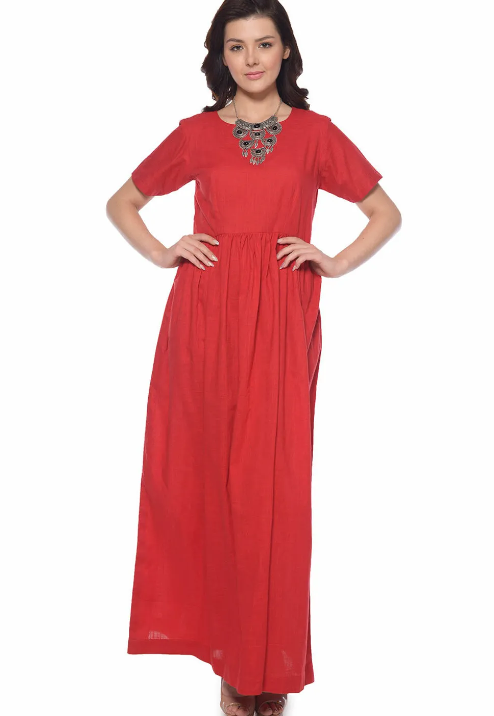 Solid Color Cotton Slub Gown in Red