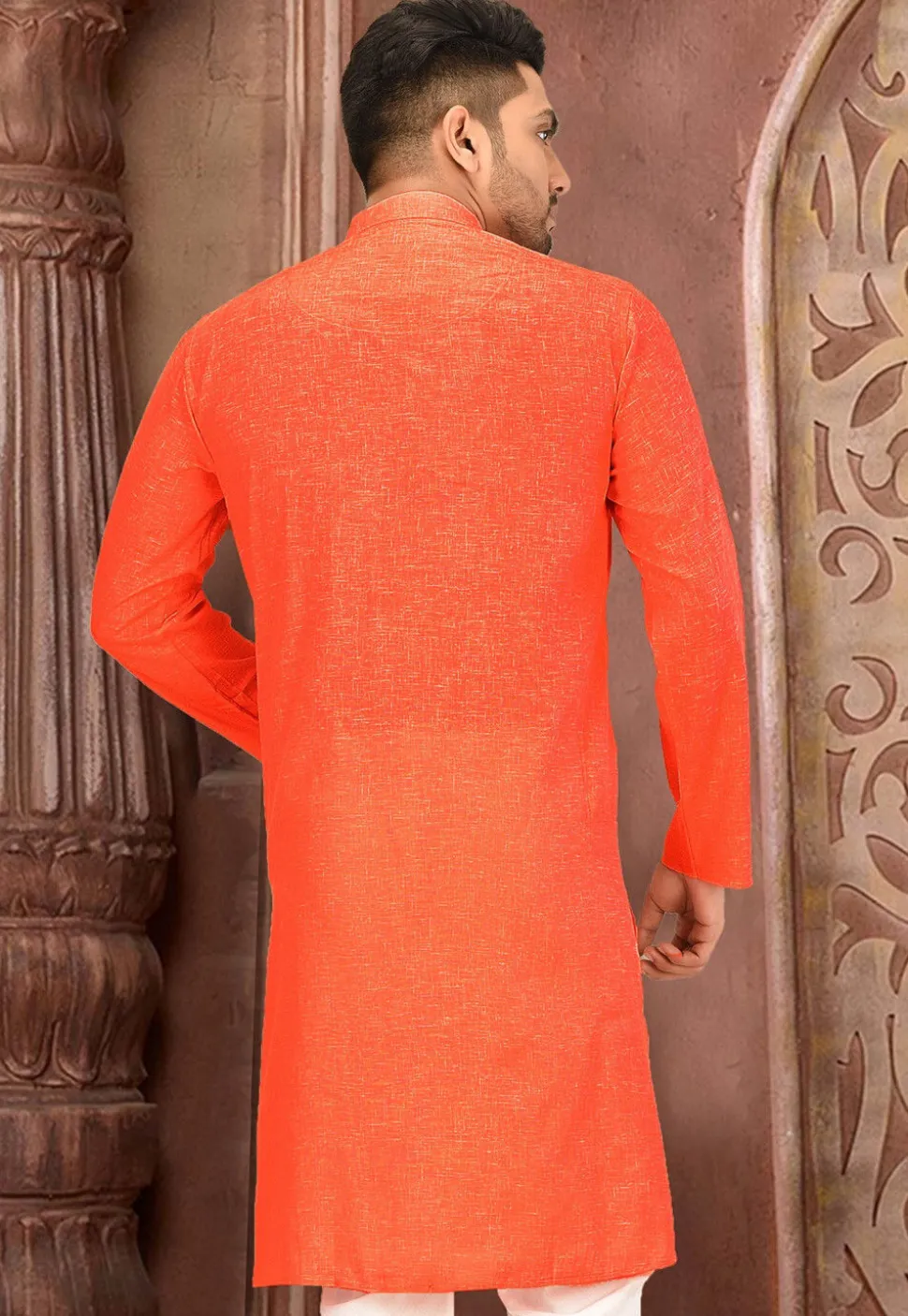 Solid Color Cotton Slub Kurta in Peach