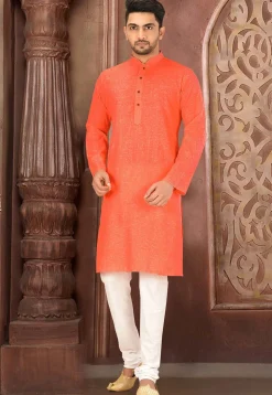 Solid Color Cotton Slub Kurta in Peach