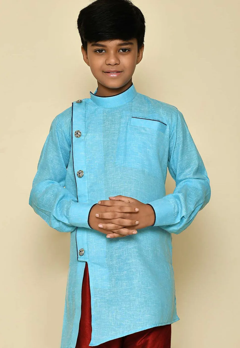 Solid Color Cotton Slub Kurta in Sky Blue