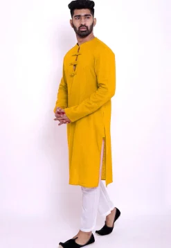 Solid Color Cotton Slub Kurta Set in Mustard