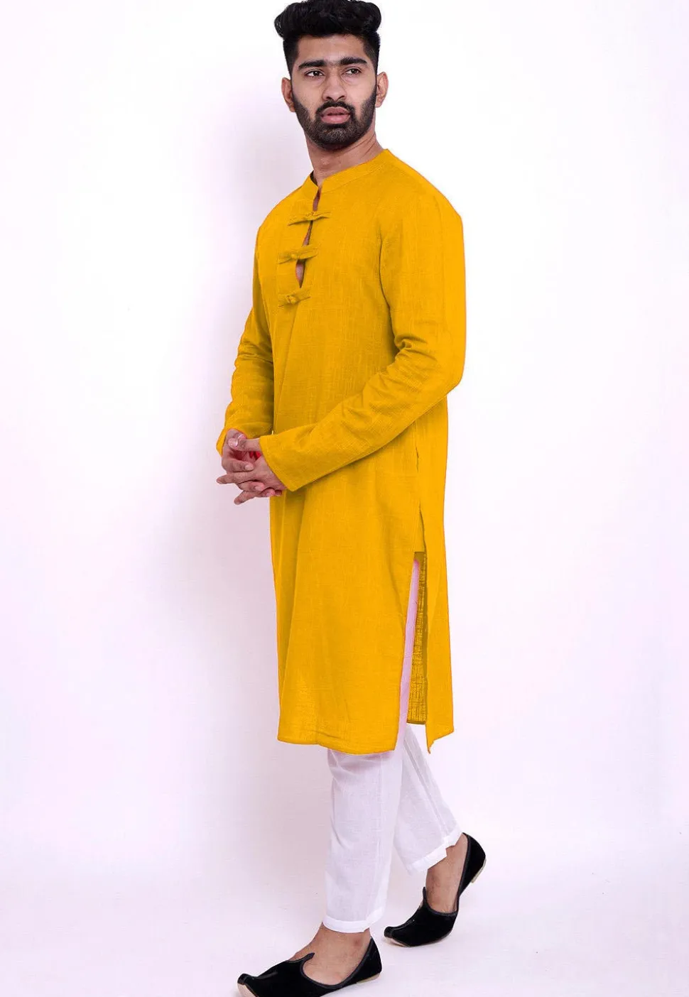 Solid Color Cotton Slub Kurta Set in Mustard
