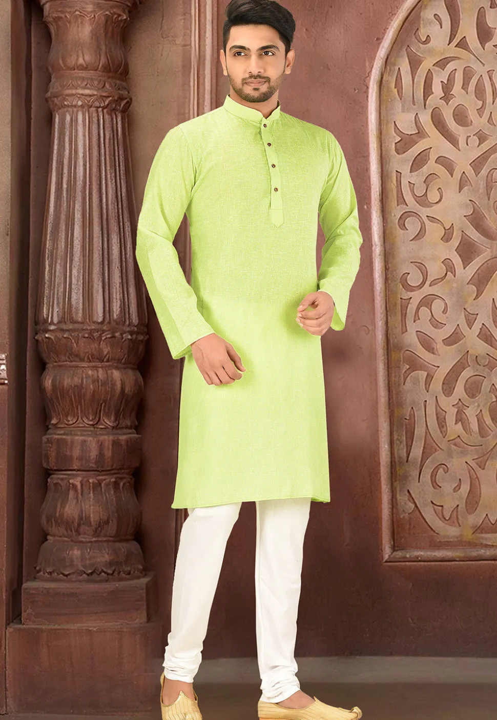 Solid Color Cotton Slub Kurta in Pastel Green