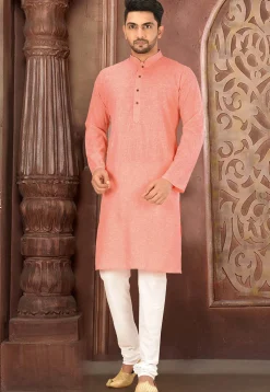 Solid Color Cotton Slub Kurta Set in Peach