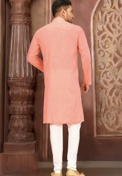 Solid Color Cotton Slub Kurta Set in Peach