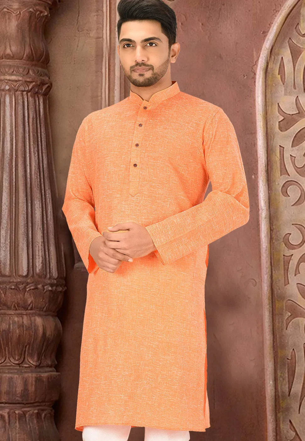 Solid Color Cotton Slub Kurta in Orange