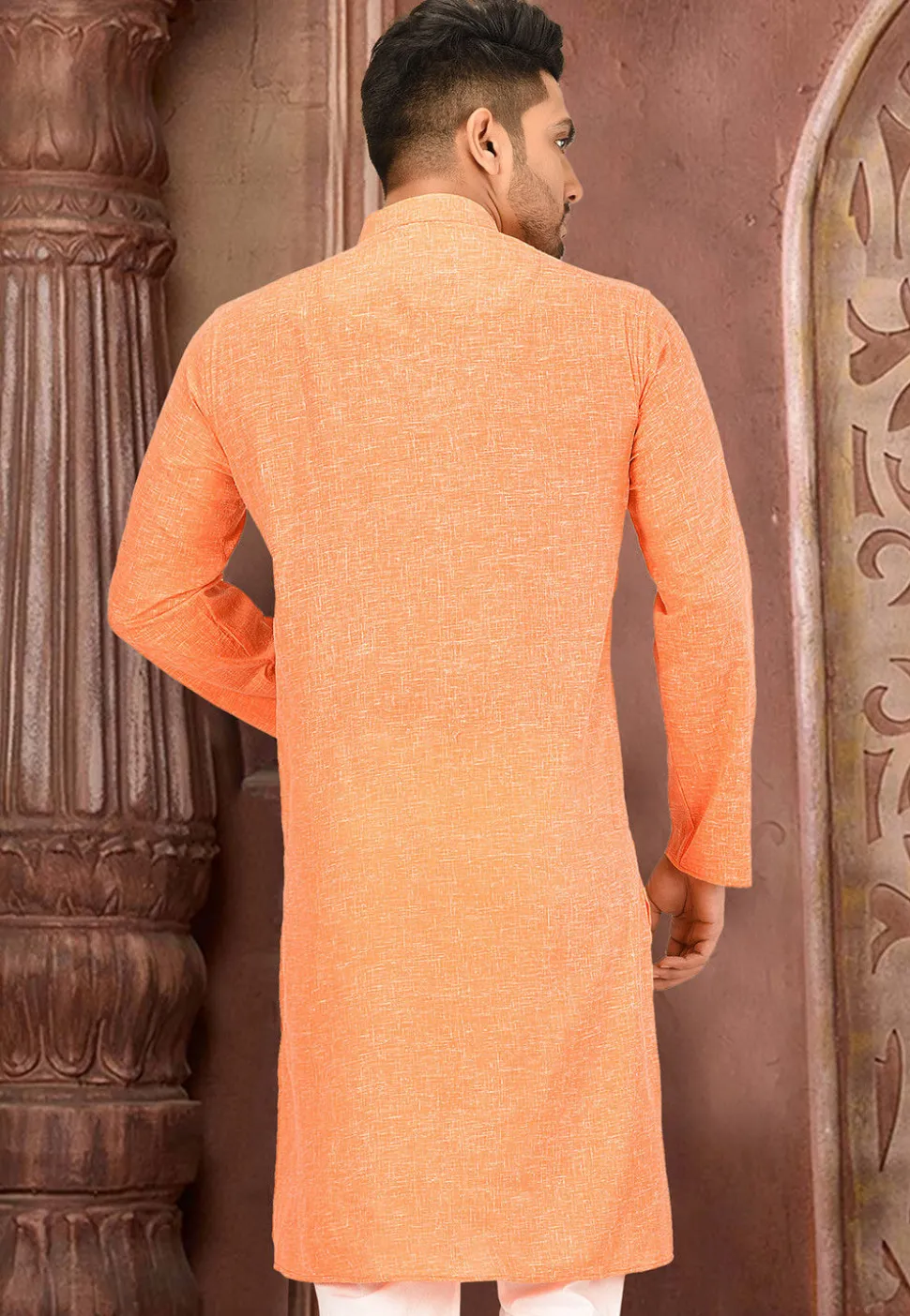Solid Color Cotton Slub Kurta in Orange