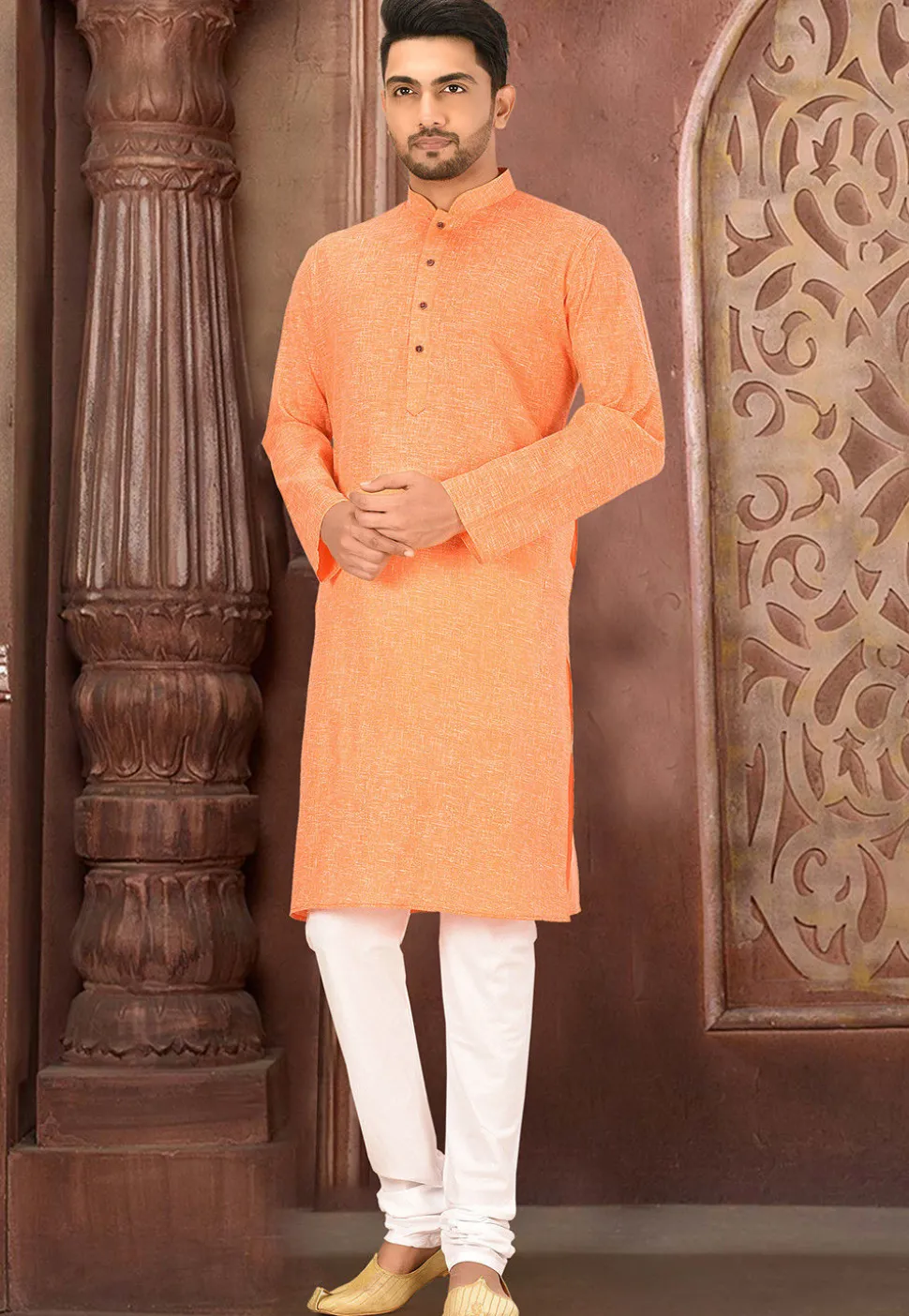 Solid Color Cotton Slub Kurta in Orange