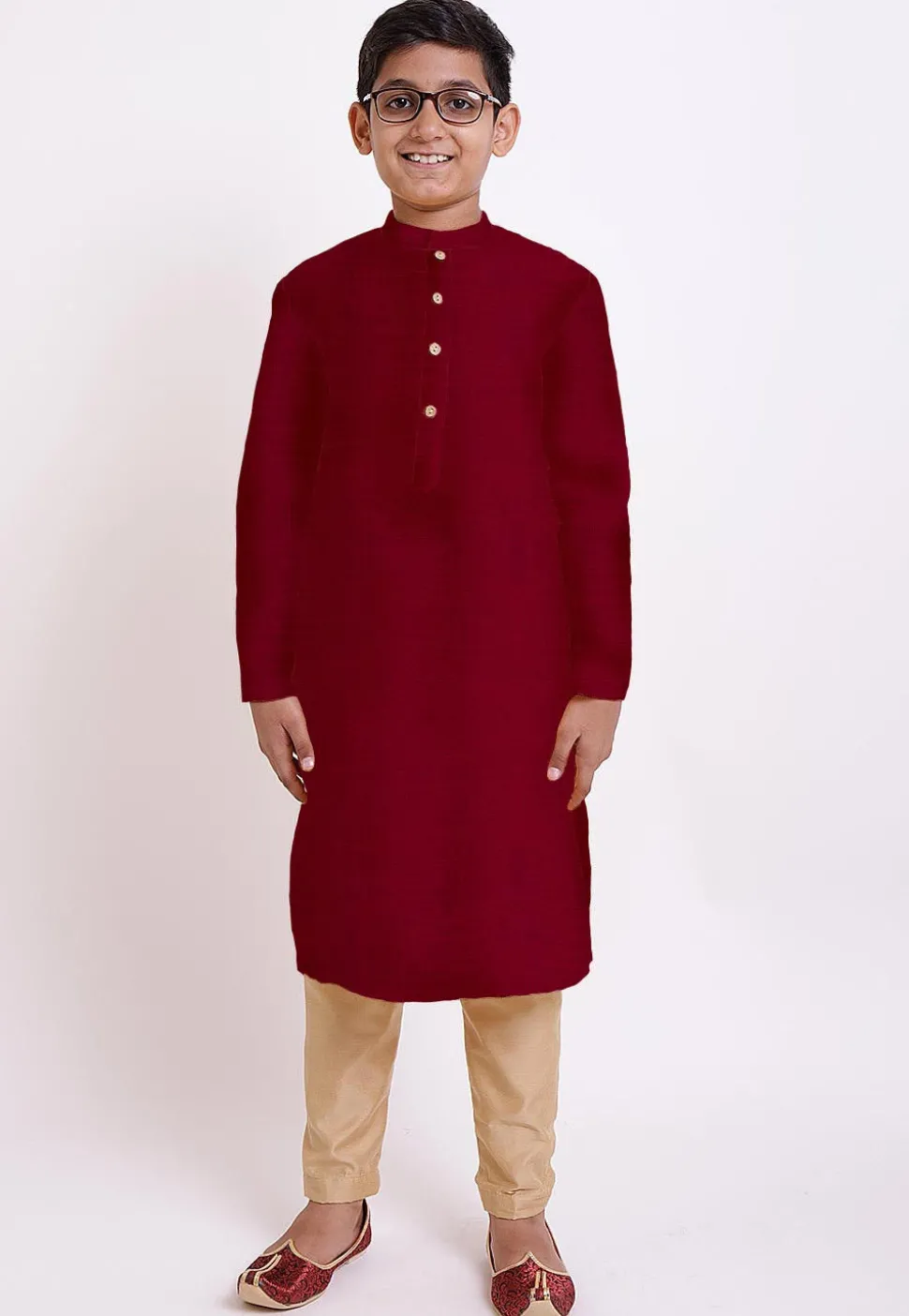Solid Color Cotton Slub Kurta in Maroon