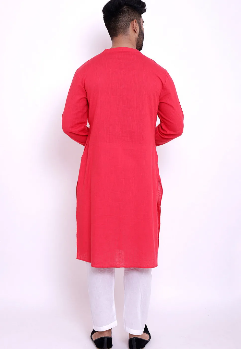 Solid Color Cotton Slub Kurta in Coral Pink