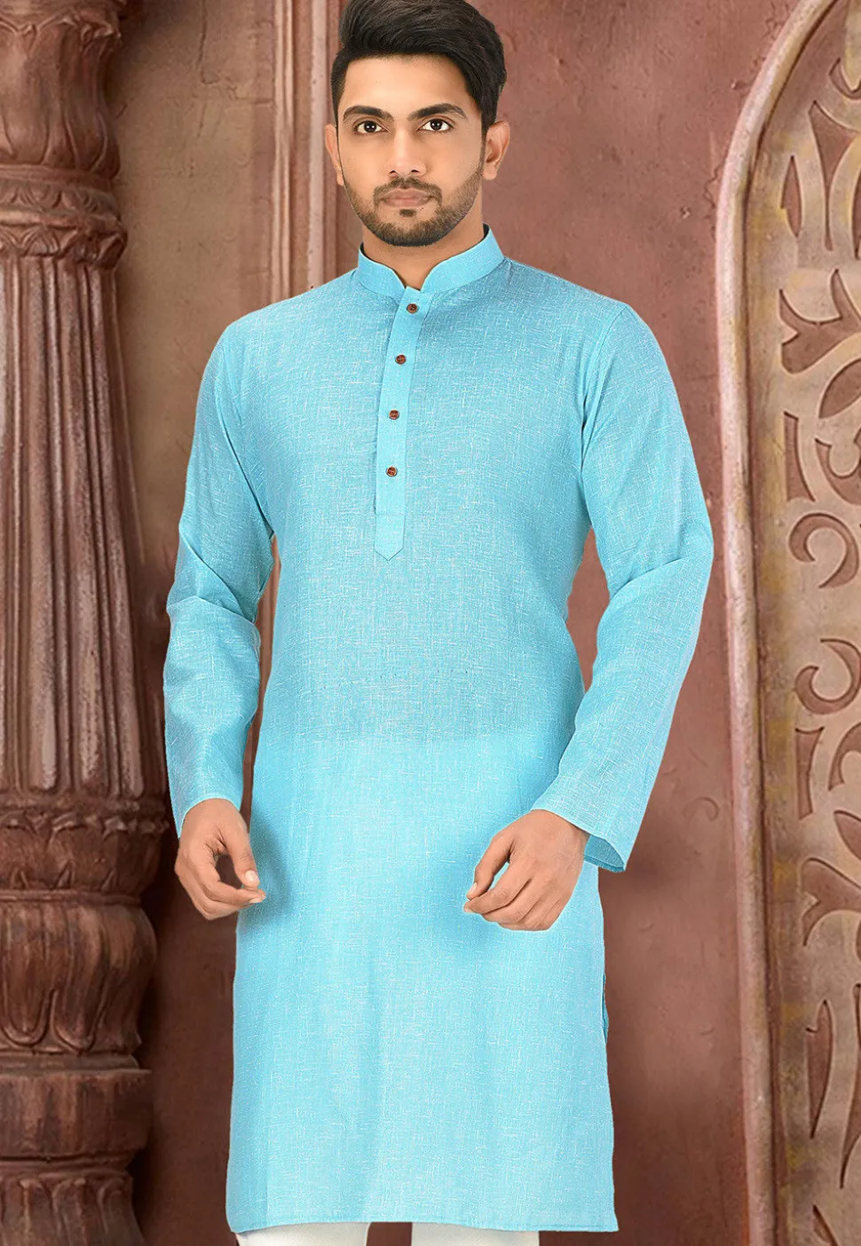 Solid Color Cotton Slub Kurta in Sky Blue