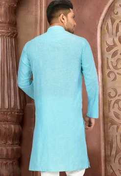 Solid Color Cotton Slub Kurta in Sky Blue