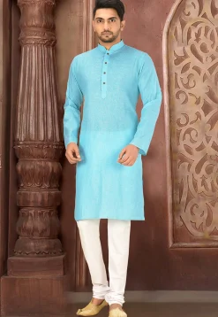 Solid Color Cotton Slub Kurta in Sky Blue