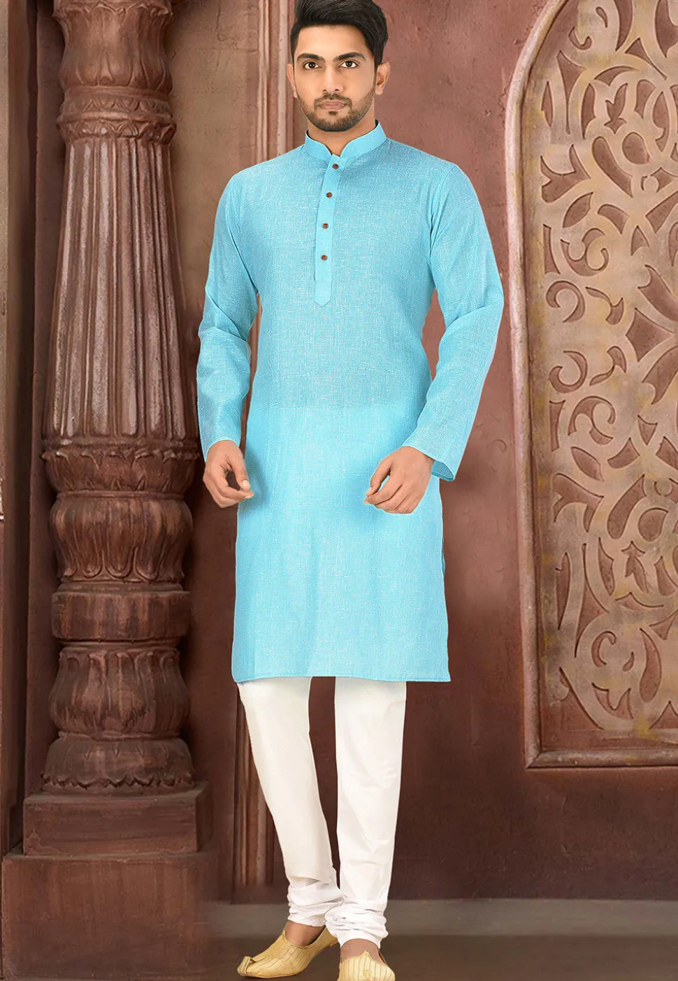 Solid Color Cotton Slub Kurta in Sky Blue