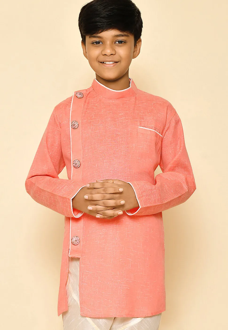 Solid Color Cotton Slub Kurta in Peach