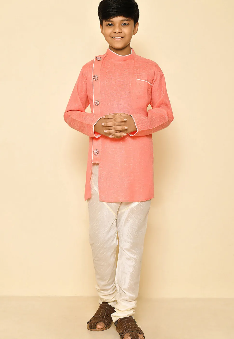 Solid Color Cotton Slub Kurta in Peach
