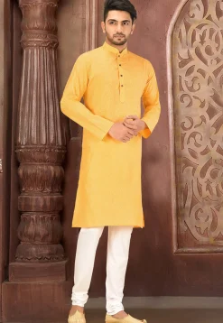 Solid Color Cotton Slub Kurta in Mustard
