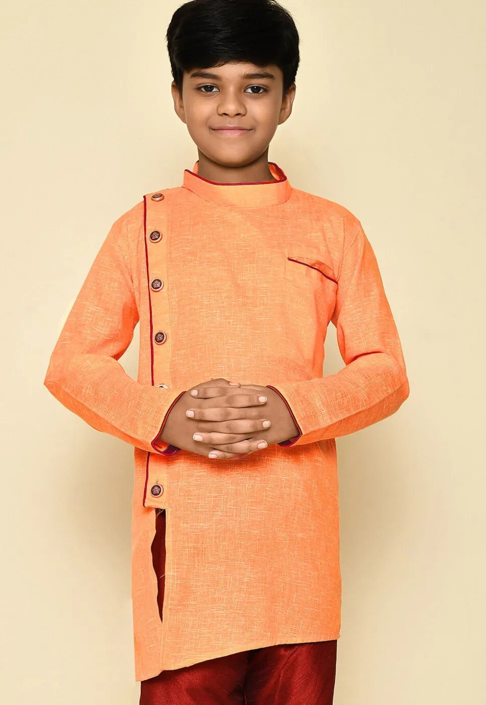 Solid Color Cotton Slub Kurta in Orange