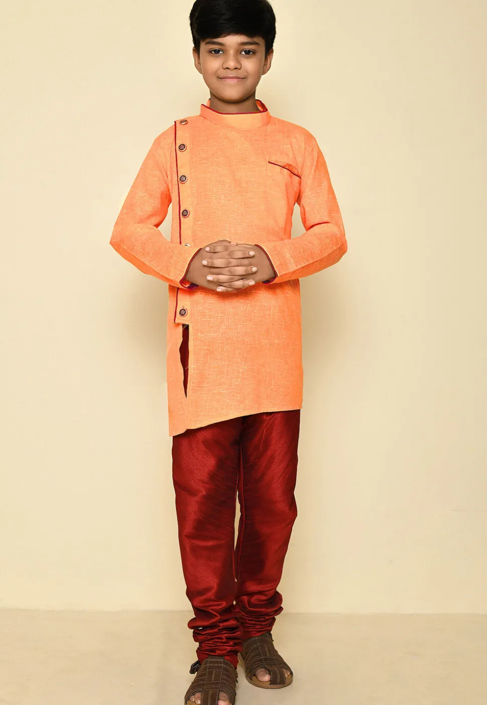 Solid Color Cotton Slub Kurta in Orange