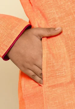 Solid Color Cotton Slub Kurta Set in Orange