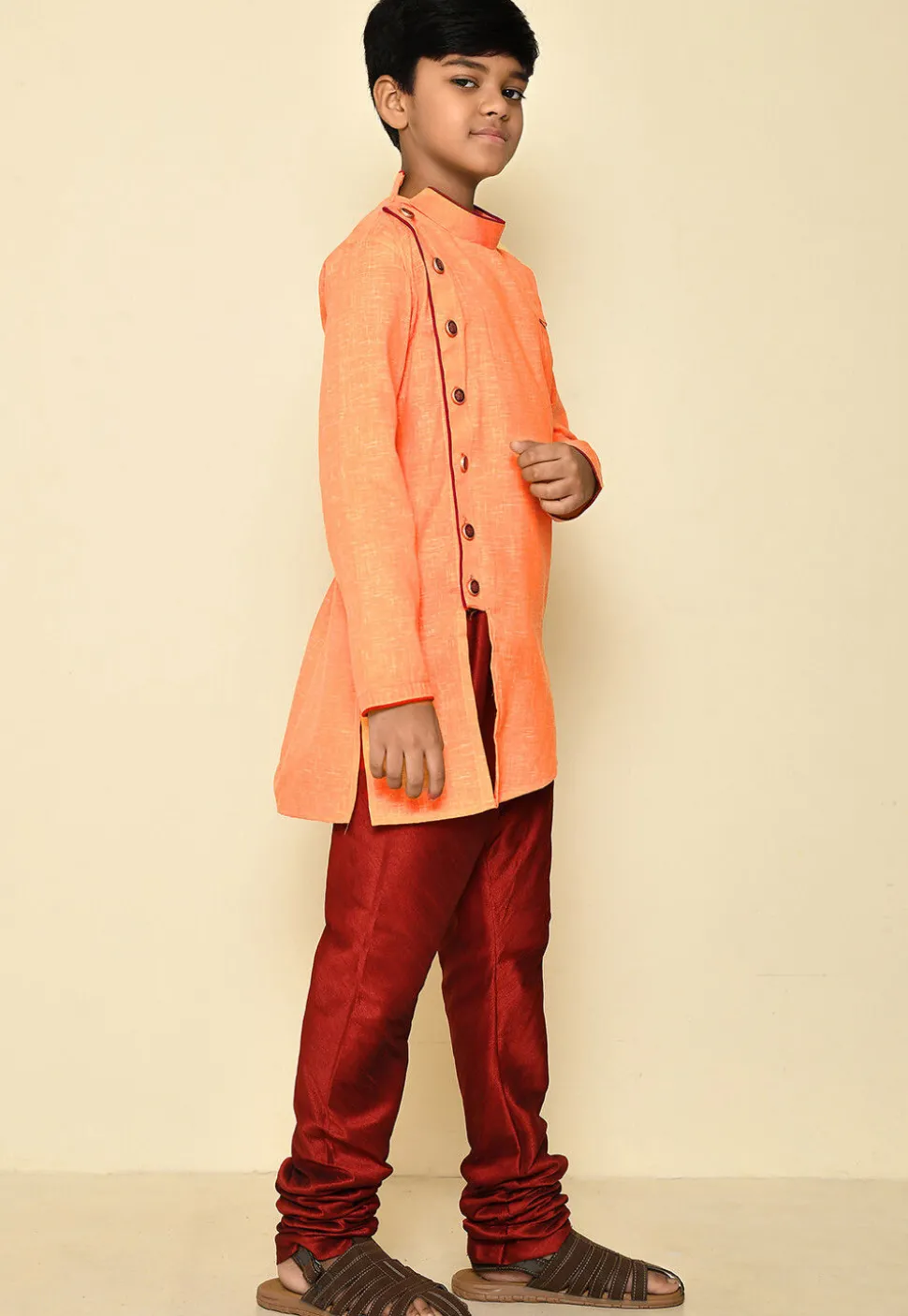 Solid Color Cotton Slub Kurta Set in Orange