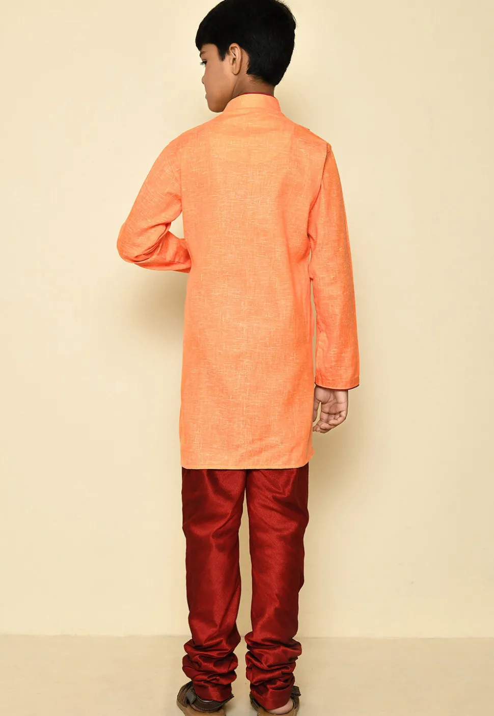 Solid Color Cotton Slub Kurta Set in Orange