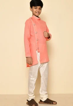 Solid Color Cotton Slub Kurta Set in Peach