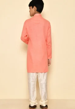 Solid Color Cotton Slub Kurta Set in Peach